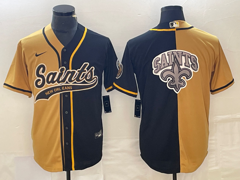 Men's New Orleans Saints Black Gold Split Team Big Logo Cool Base Stitched Baseball Jersey